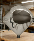 Front view of Heavy Duty Miter Saw Dust Collection Hood With LED Light Durable Gray Oxford Fabric, fits 10 and 12 inch saws.