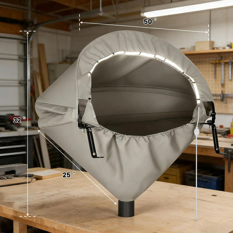 Front view of Heavy Duty Miter Saw Dust Collection Hood With LED Light Durable Gray Oxford Fabric, fits 10 and 12 inch saws.