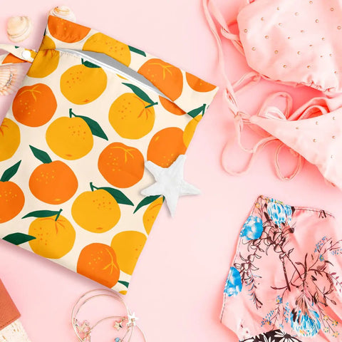 Waterproof Wet Bag For Swimsuits And Travel, Large 26x32 Cm With Handle, Reusable Organizer, Orange Strawberry Print