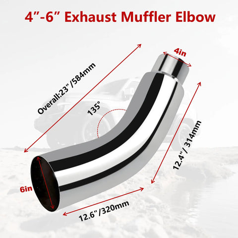 Exhaust Elbow Adapter 4 Inch To 6 Inch With Integrated Steel Clamp Leak Free Installation No Weldin Required shown with dimensions
