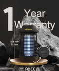 High Powered 4200V Bug Zapper for Outdoor and Indoor Use With 9.84 Ft Power Cord And Easy Switch on a rock surface with warranty info