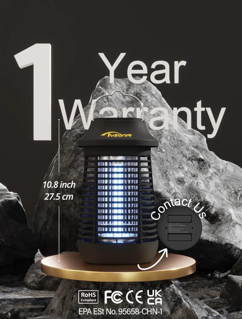 High Powered 4200V Bug Zapper for Outdoor and Indoor Use With 9.84 Ft Power Cord And Easy Switch on a rock surface with warranty info