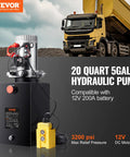 VEVOR 20-quart hydraulic power unit with 12V DC motor, single-acting pump, and yellow wired remote (front view)