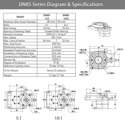 DN85 Series Specifications for Hollow Rotary Actuator With Workhorse Precision Hollow Rotating Platform For 1 Arcmin Accuracy