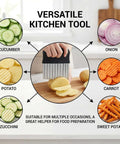 Stainless steel crinkle cutter with black handle; six vegetables shown around it.