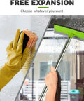 2-In-1 Window Squeegee with 30-59 inch stainless steel handle cleaning glass door with sponge on left, squeegee on right