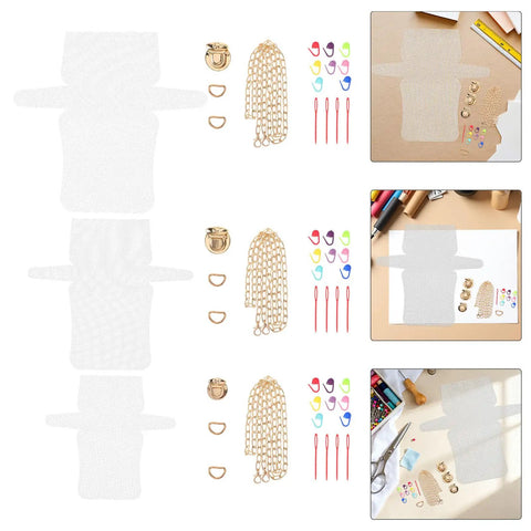 Three Pack Plastic Mesh Sheets Purse Making Kit for DIY Totes and Bags, Ideal for Craft Lovers, Embroidery, and Embellished Accessories, Build Custom Purses, Crochet Bags, Tote Bags, and Stylish Mesh Art Projects. White plastic mesh sheets with purse hardware and accessories