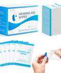 Hearing aid cleaning wipes box with alcohol-free large 4.7 x 6 in towelettes; 200-count, shown with individual sachets.