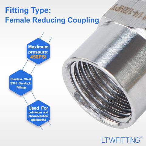 Stainless Steel 316 Female Reducing Pipe Fitting 1/2 Inch To 1/4 Inch NPT for water, air, and fuel lines, close-up view