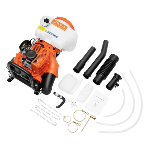 Gas Powered Backpack Fogger With Three Point Seven Gallon Tank And Forty One Point Five Cc Engine Delivers Beast Mode Two Point Thirteen Kilowatt Power with parts and accessories displayed