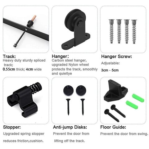 Heavy Duty Sliding Barn Door Hardware Kit For Double Doors, Bypass Rail System, Single Track, components overview