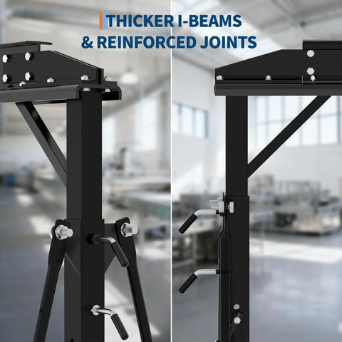 Built To Last Heavy Duty Adjustable Gantry Crane side view with thicker I-beams and reinforced joints in a factory setting.