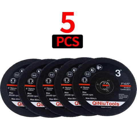 Five pack of 3-inch aluminum oxide cutting wheels for metal, ultra-thin 0.055 inch flat cut off discs, 10mm arbor for grinders.