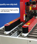Automatic Carton Sealer With Size Adjustment For Heavy-Duty Shipping, No-Nonsense Box Sealing Machine With Adjustable Width, Tape Apply And Cut Function, Perfect For Commercial Packaging Lines, red anti-skid belt close-up
