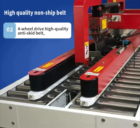 Automatic Carton Sealer With Size Adjustment For Heavy-Duty Shipping, No-Nonsense Box Sealing Machine With Adjustable Width, Tape Apply And Cut Function, Perfect For Commercial Packaging Lines, red anti-skid belt close-up