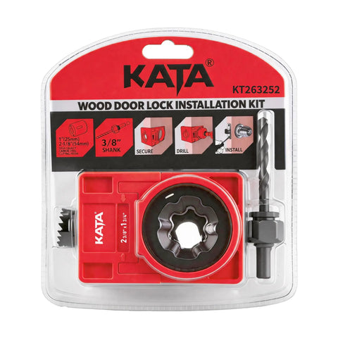 Go-To Wood Door Lock Installation Kit With Adjustable Guide Template And Hole Saw Set For Deadbolts And Knobs Solid Mounting For 1-3/8 To 1-3/4 Inch Doors in packaging with tools.