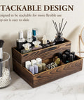 Stackable Rustic Burnt Solid Wood Vanity Organizer Trays 2 Piece Grab And Go Countertop Storage Caddy for makeup and cosmetics.