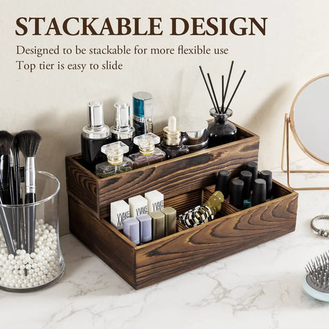 Stackable Rustic Burnt Solid Wood Vanity Organizer Trays 2 Piece Grab And Go Countertop Storage Caddy for makeup and cosmetics.