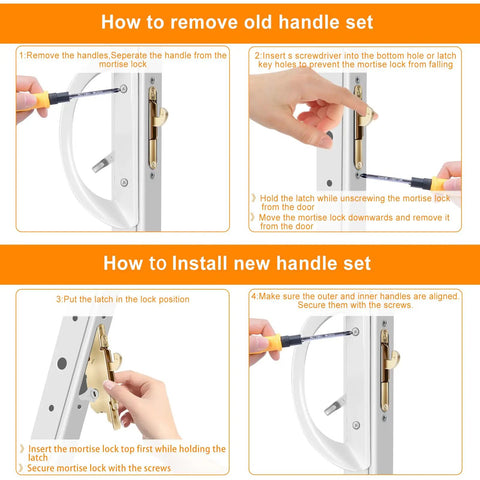 Instruction steps for installing Premium Sliding Patio Door Handle Set With Lock And Key Cylinder for reversible design doors.