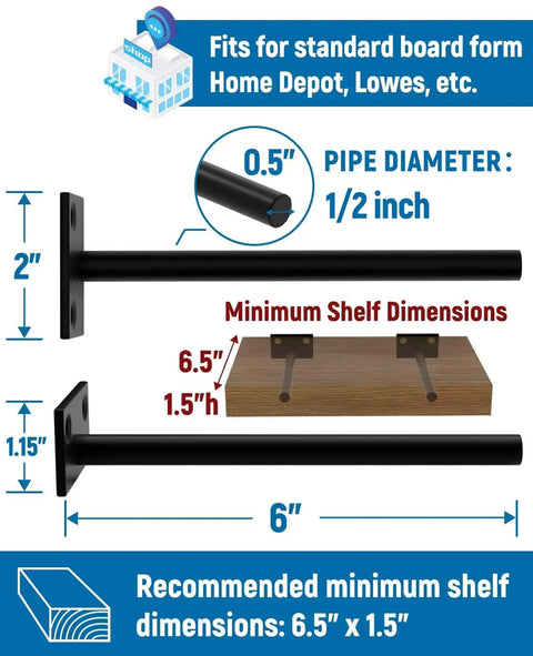 Heavy Duty 12 Pack 6 Inch Invisible Floating Shelf Brackets For Wood Walls Premium Steel Construction showing size and installation details.