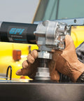M-1115S-PO Fuel Transfer Pump For Stationary Tanks, 12 GPM At 115V, Built Tough For Gasoline Blends Up To E15, Diesel Up To B20, And Kerosene, Includes Spin Collar And Lockable Nozzle Holder For Quick, Safe Refills. Handheld pump mounted on a tank.