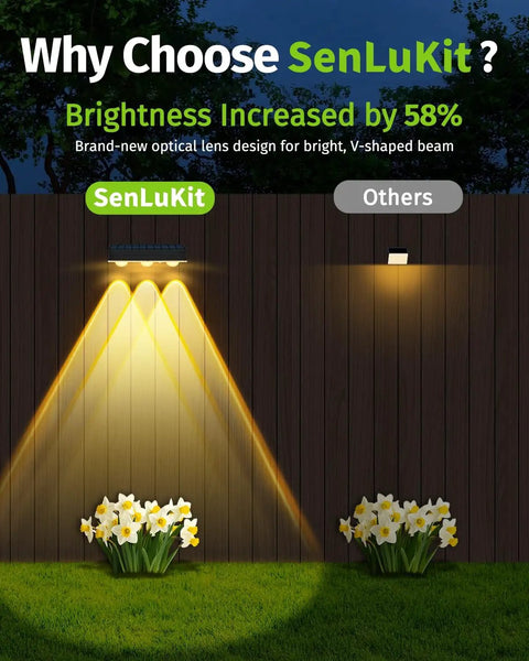 Legit Solar Fence Lights 12 Pack Dang Bright 3 LED Lens illuminating flowers on lawn, showcasing brightness increase.