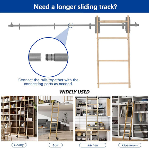 Sliding Barn Door Hardware Kit With Library Rolling Ladder Track Bracket System displayed over various room setups