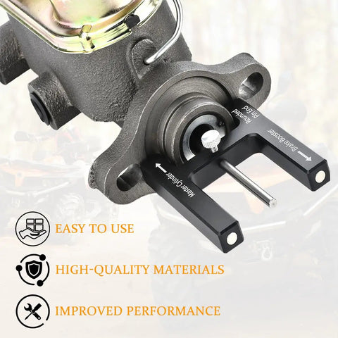 Universal Brake Booster Push Rod Adjustment Tool With Heavy Duty Magnetic Core And Quick Adjust Pins shown on master cylinder for alignment.