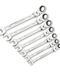 Seven Piece Flex Head Ratcheting Wrench Set 12 Point SAE Tough As Nails Tools For Tight Spots 180 Degree Tilt Five Degree Ratcheting Mirror Finish