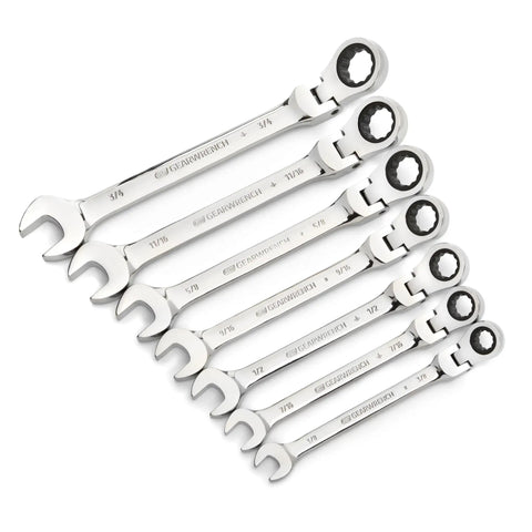 Seven Piece Flex Head Ratcheting Wrench Set 12 Point SAE Tough As Nails Tools For Tight Spots 180 Degree Tilt Five Degree Ratcheting Mirror Finish