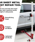 3 In 1 Automotive Sheet Metal Repair Tool with Adjustable Dent Pull Lever and Nylon Casters next to a car body
