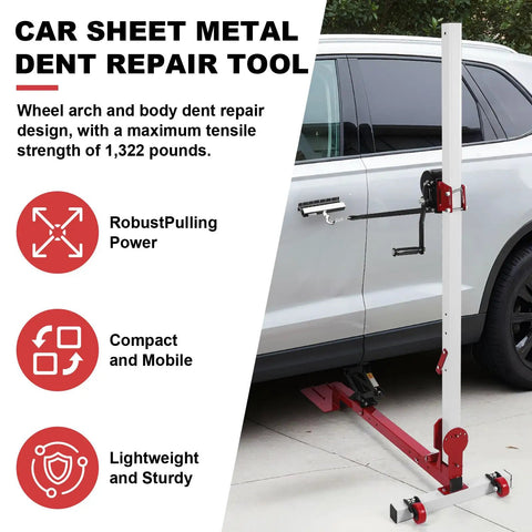 3 In 1 Car Body Dent Repair Kit With Adjustable Pulling Lever And Nylon Casters Heavy Duty Sheet Metal Dent Puller Set Up To 1322 Lbs Pulling Power For Doors Fenders And Sills shown with car door attachment