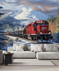 Living room with Self Adhesive Train Wall Mural With Steam Locomotive Design, snowy mountain scenery, 3D effect, 300x210 cm.
