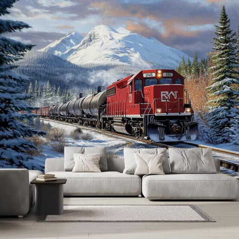 Living room with Self Adhesive Train Wall Mural With Steam Locomotive Design, snowy mountain scenery, 3D effect, 300x210 cm.