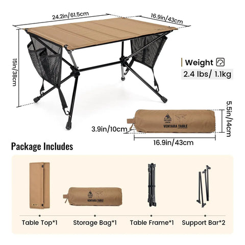 Ultralight Foldable Camping Table With Quick Setup, Sturdy And Stable Build Weighing Only 2.4 Lbs, shown with dimensions and components.