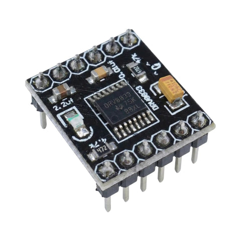 Close-up of two channel motor driver module for Arduino Raspberry Pi and ESP32 ESP8266 with pre-soldered pins, 18.5 x 16 mm.
