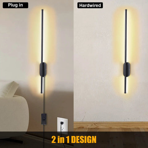Set Of Two Black Matte Plug In Wall Sconces With Cord Switch LED Linear Wall Lights Sleek Slim Design Dimmable Three Color Temperature Indoor Outdoor Use Modern Home Lighting For Living Room Hallway