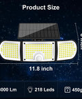 Solar Motion Sensor Outdoor Flood Lights With 3000 Lumen Output And Three Adjustable Heads showing size and LED count