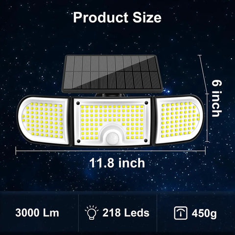 Solar Motion Sensor Outdoor Flood Lights With 3000 Lumen Output And Three Adjustable Heads showing size and LED count