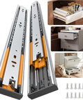 Pro Grade 16 Inch Soft Close Drawer Slides 5 Pair Full Extension Ball Bearing Side Mount Heavy Duty Cabinet Glides With 100 Pound Capacity, showing installation and use examples.