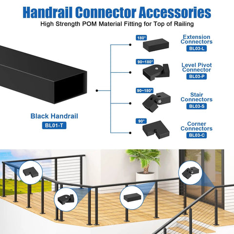 Diagram of Beefy Stainless Steel Cable Railing Handrail 6 ft 6 in Black Rectangular Flat Top Rail With End Caps connector accessories