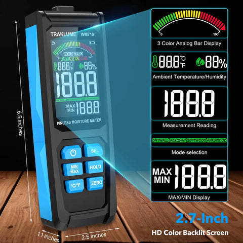 Pinless Wood Moisture Tester for Firewood and Home Projects, Fast Moisture Meter With Easy Readout, Detects Wood Wetness and Leaks, Handy Home Improvement Tool, 6.5-inch handheld meter with HD color screen