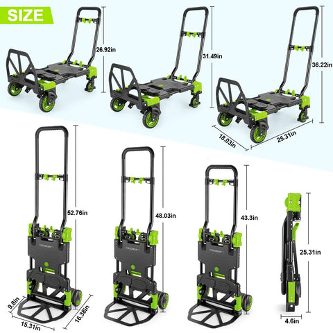 Straight Up Heavy Duty Folding Hand Truck Dolly Flips Between Four And Two Wheels And Handles Three Hundred Thirty Pounds Like A Boss For Quick Errands And Heavy Loads In Durable Green Finish