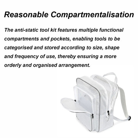 Heavy Duty Anti Static Clear PVC Tool Backpack With A Hella Tough Abrasion Resistant Build Crafted For Cleanroom Engineers showing multiple compartments.