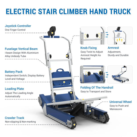 Xsto Crawler Electric Dolly Heavy Duty Trolley 684 Lbs Load Capacity Stair Climber detailed view of features and function.