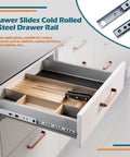 Workhorse 16 Inch Full Extension Drawer Slides With Soft Close And Ball Bearing Rail installed in open kitchen drawer