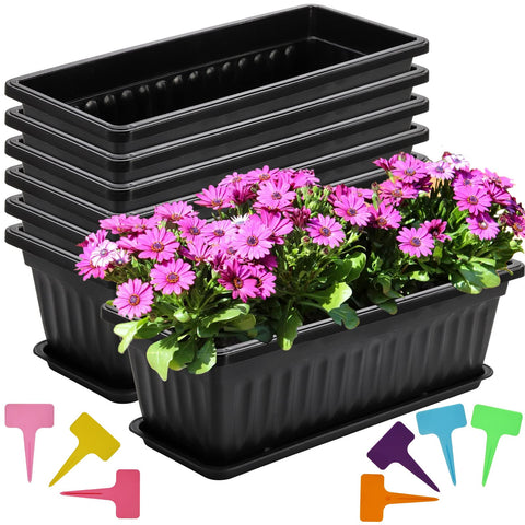7 Pack 17 Inch Window Box Planters With Trays For Veggies And Flowers In Plastic Growing Containers Plant Pots With 7 Plant Labels For Balcony Patio Garden Black