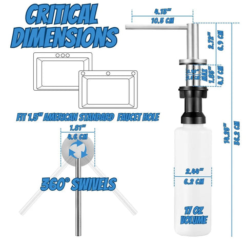 Diagram of Long Spout Kitchen Soap Dispenser For Granite And Quartz Countertops In Brushed Nickel Stainless Steel Finish With Wide Flange