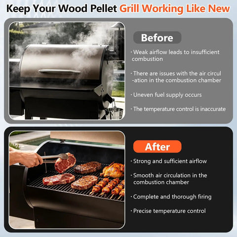 Comparison of pellet grill before and after using Pro Grade 2.0 RPM Auger Motor Upgrade Kit With Fire Pot and accessories