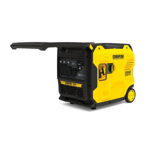 Yellow 6500-Watt RV Ready Portable Inverter Generator with Quiet Technology on wheels, front angle view